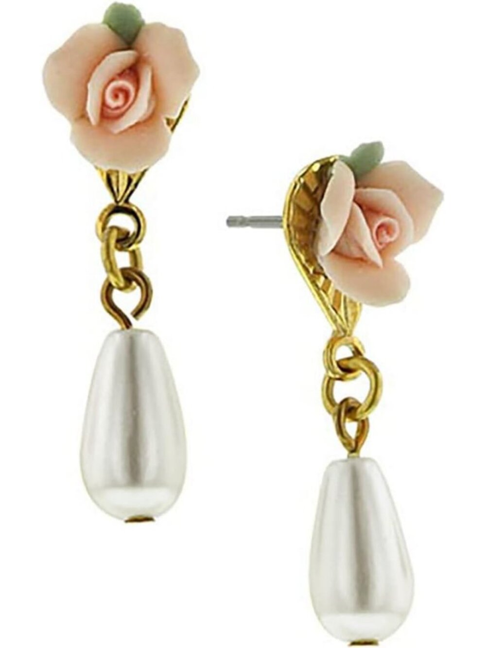 Handcrafted Pink Porcelain Rose & Faux Pearl Drop Earrings for Women, Floral